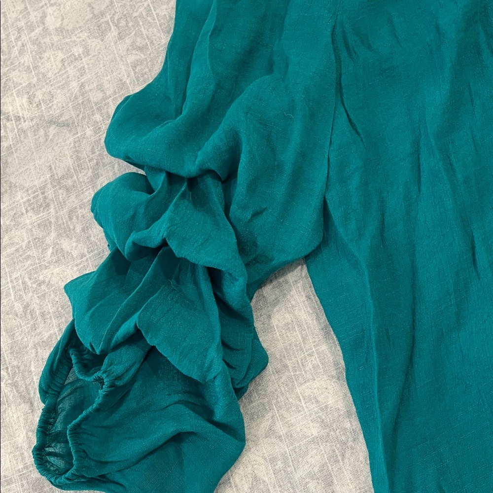 Flowy Teal Mini Dress with Ruffle Sleeves - Picture 8 of 13